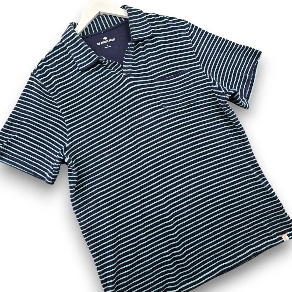 The Normal Brand Mens L Terry Cloth Polo Shirt Navy Blue Striped Cotton Pocket